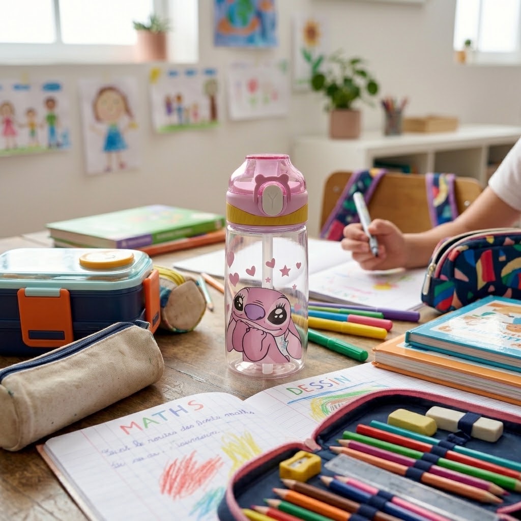 NEST - Gourde Scolaire Enfant avec Paille - Motif Angel - Rose 3