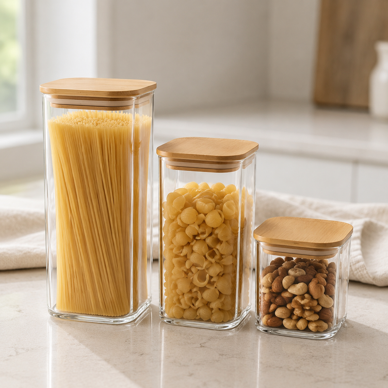 NEST - Lot de 3 Boîtes de Conservation en Verre - 300 ml / 400 ml / 450 ml - Couvercles en Bambou