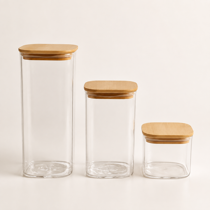 NEST - Lot de 3 Boîtes de Conservation en Verre - 300 ml / 400 ml / 450 ml - Couvercles en Bambou 3