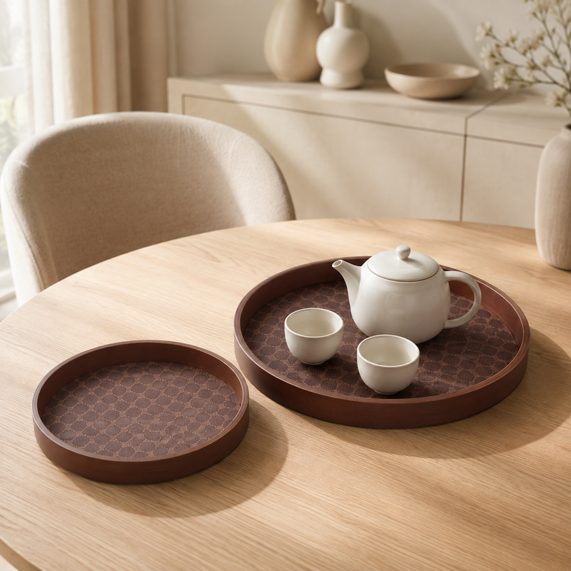 NEST - Lot de 2 Plateaux Ronds en Bois Motif Géométrique - Marron