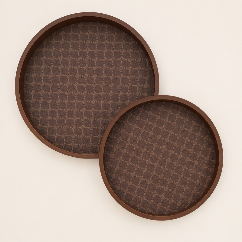 NEST - Lot de 2 Plateaux Ronds en Bois Motif Géométrique - Marron 2