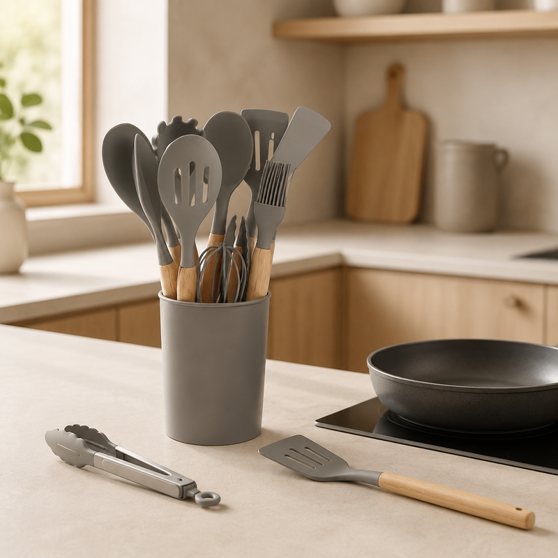 NEST - Set dUstensiles de Cuisine 12 Pièces Gris Claire avec Manches en Bois