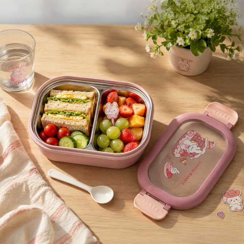 NEST - Boîte à Lunch Enfant Compartimentée avec Cuillère - Motif Lapin - Rose