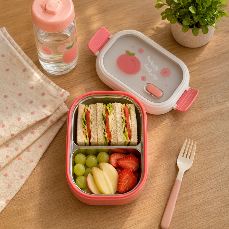 NEST - Boîte à Lunch Enfant 2 Compartiments - Motif Fruit - Rose & Blanc