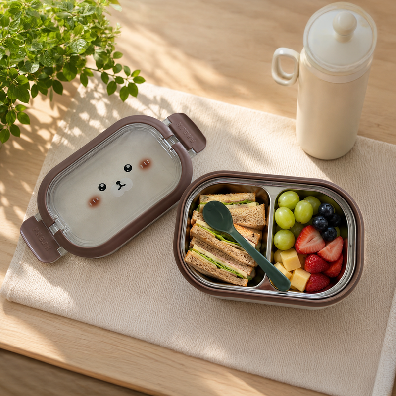 NEST - Boîte à Lunch Enfant 2 Compartiments avec Cuillère - Motif Ours - Marron