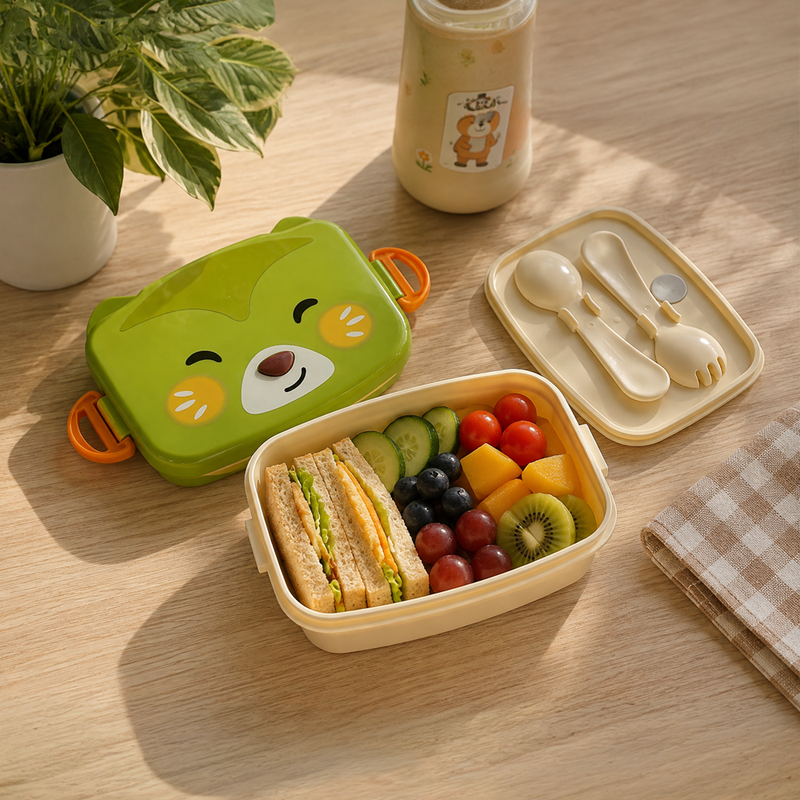 NEST - Lunch Box Enfant avec Couverts - Motif Ourson - Vert & Beige