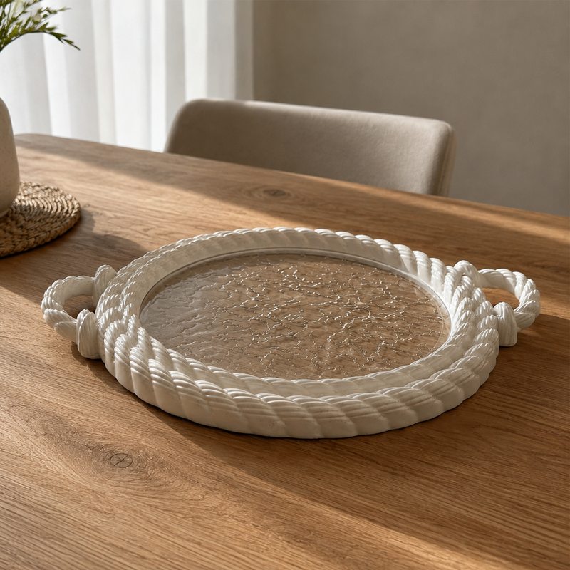NEST - Plateau Rond en Plastique avec Poignées - Effet Corde Tressée - Blanc