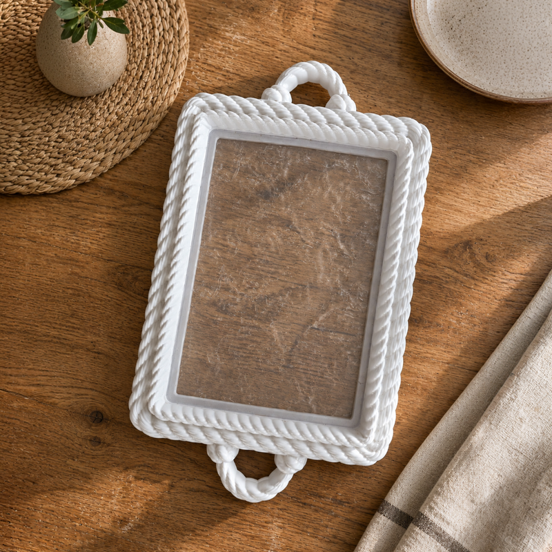 NEST - Plateau Rectangulaire en Plastique avec Poignées - Effet Corde Tressée - Blanc