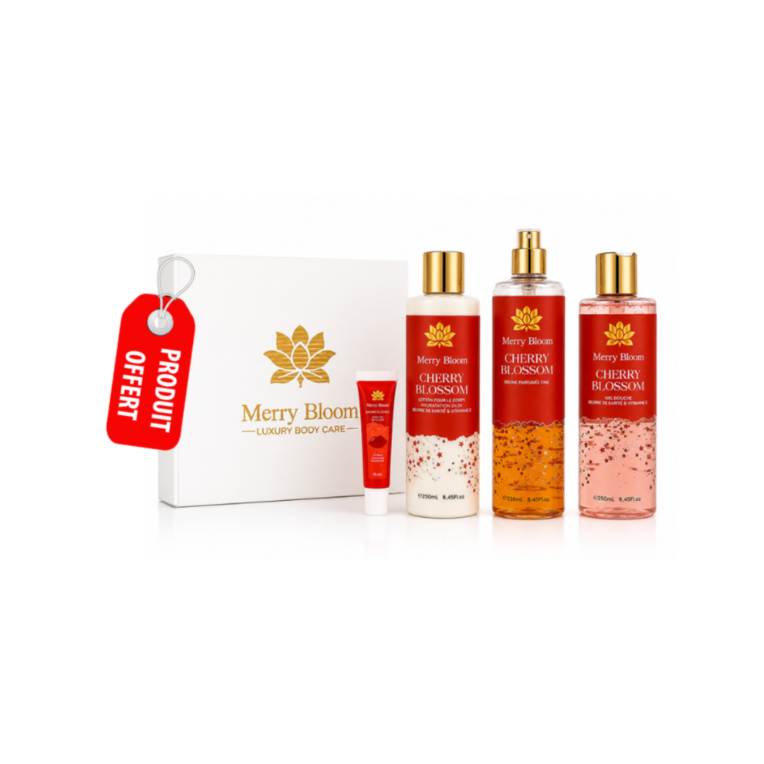 Merry Bloom - Un Coffret Luxury Body Care (Brume + lait de corps + Gel douche + Baume a lèvres)