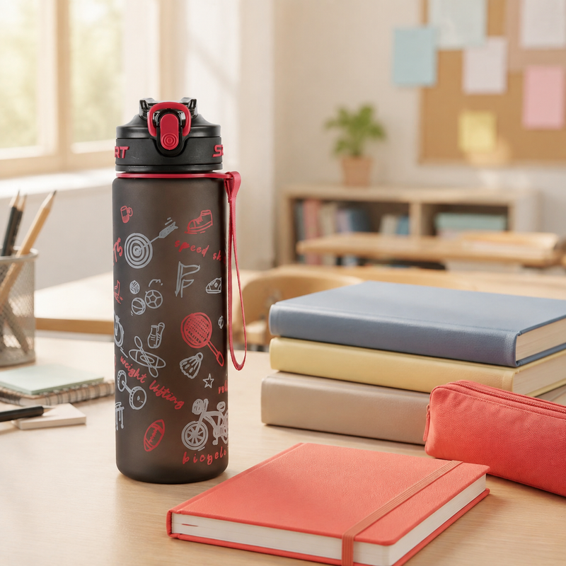 NEST - Gourde Scolaire Motifs Sport - Noir &amp; Rouge Corail