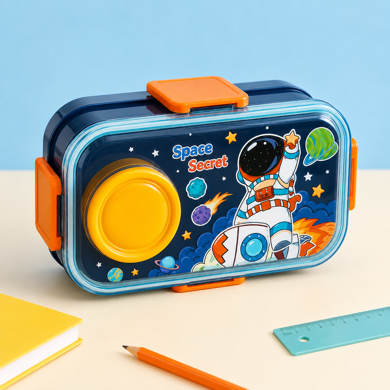 NEST - Lunch Box Enfant Compartimentée avec Couverts - Motif Space Secret - Bleu Marine