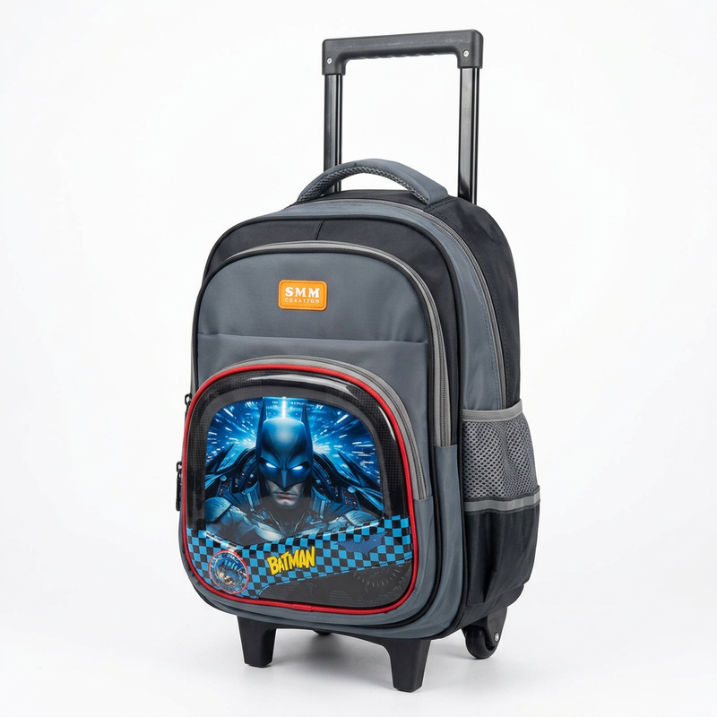 SMM - Cartable Scolaire à Roulettes avec Chariot SMM - Motif Batman - Noir