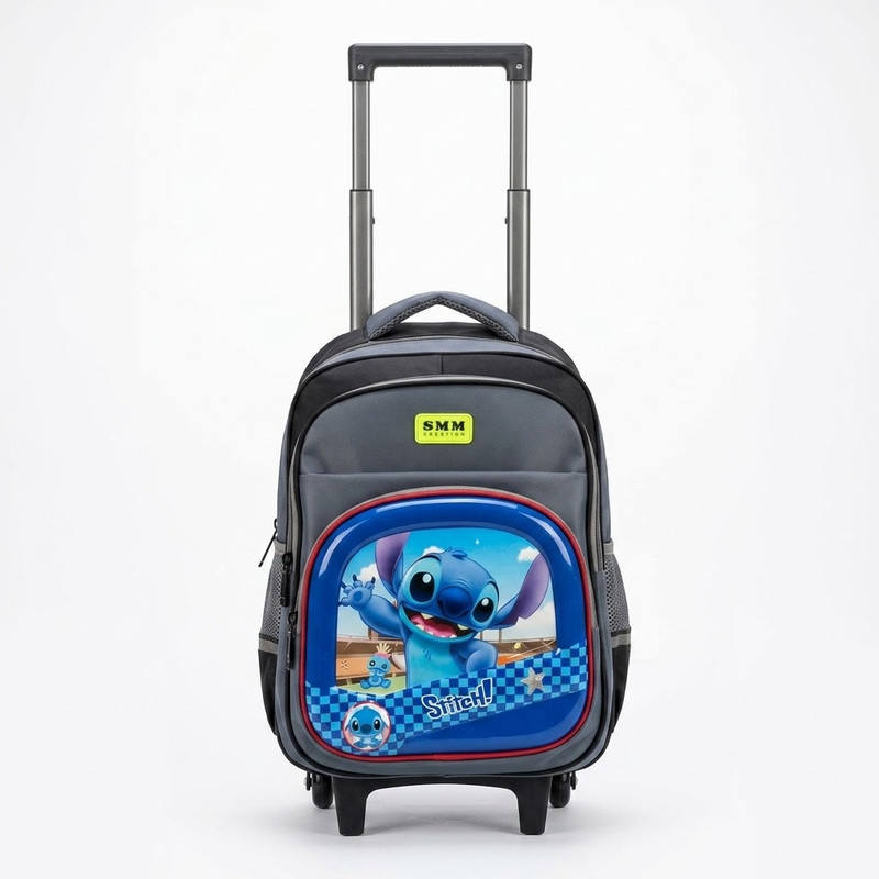 SMM - Cartable Scolaire avec Chariot - Motif Stitch - Gris & Bleu