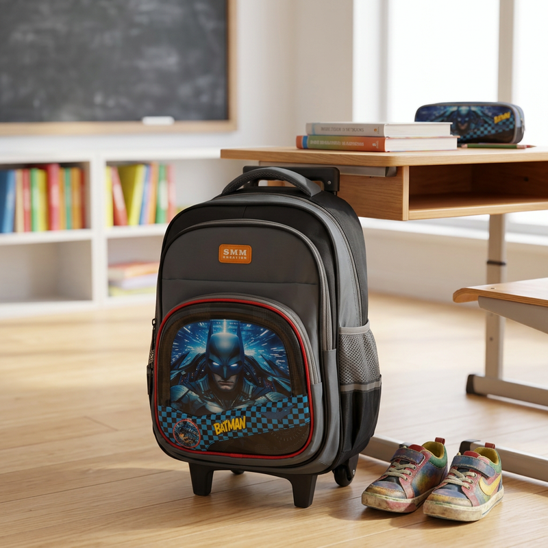SMM - Cartable Scolaire à Roulettes avec Chariot SMM - Motif Batman - Noir 3