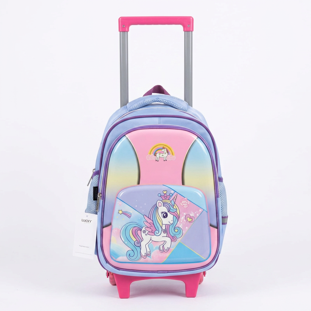 LEATHER - Cartable Scolaire avec Chariot Licorne  Bleu Ciel & Rose
