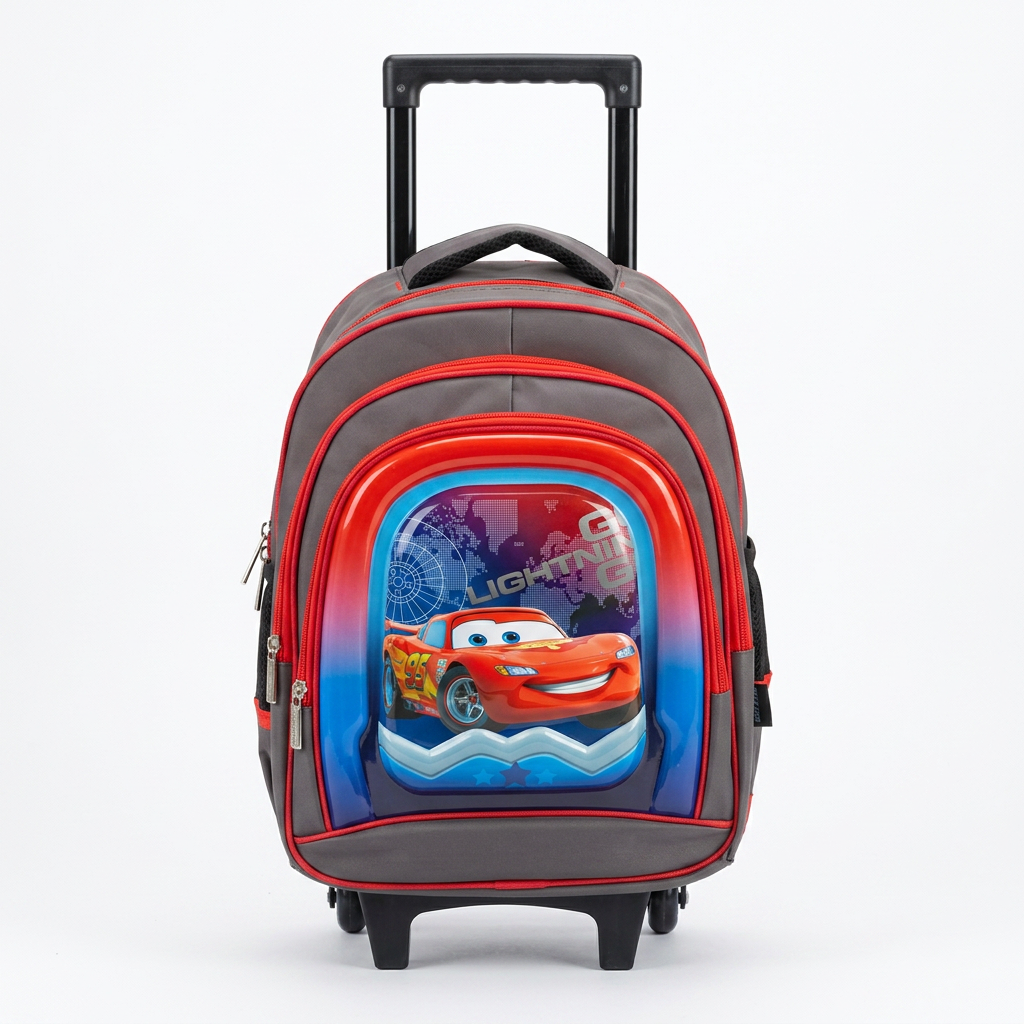LEATHER - Cartable Scolaire avec Chariot Cars Réf. 429 - Gris & Rouge
