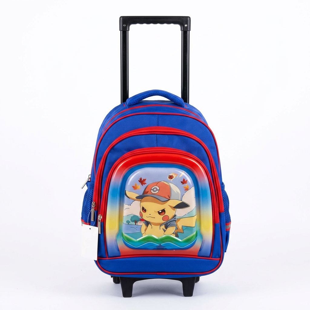 LEATHER - Cartable Scolaire avec Chariot Pikachu Réf. 429 - Bleu & Rouge
