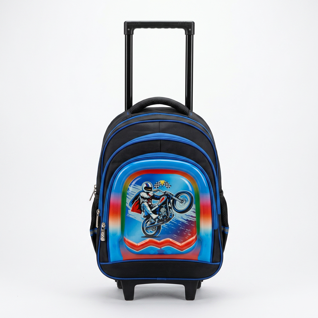 LEATHER - Cartable Scolaire avec Chariot Motard Réf. 429 – Noir & Bleu