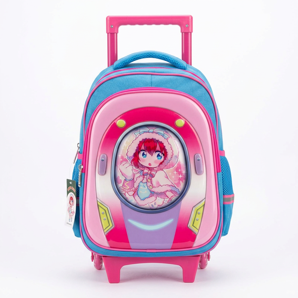 LEATHER - Cartable Scolaire avec Chariot Manga Réf. 428 - Bleu & Rose