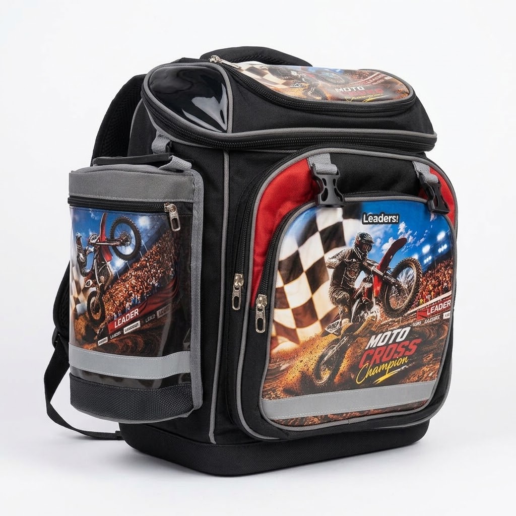 LEATHER – Cartable Scolaire Moto Cross – Noir & Gris