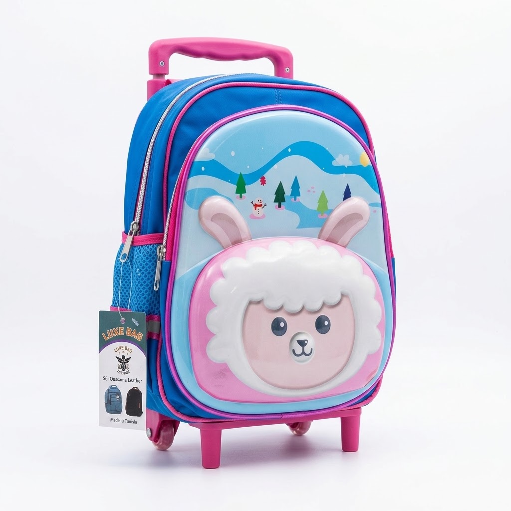 LEADERS - Cartable avec Chariot Motif Mouton Réf. 831 - Bleu & Rose