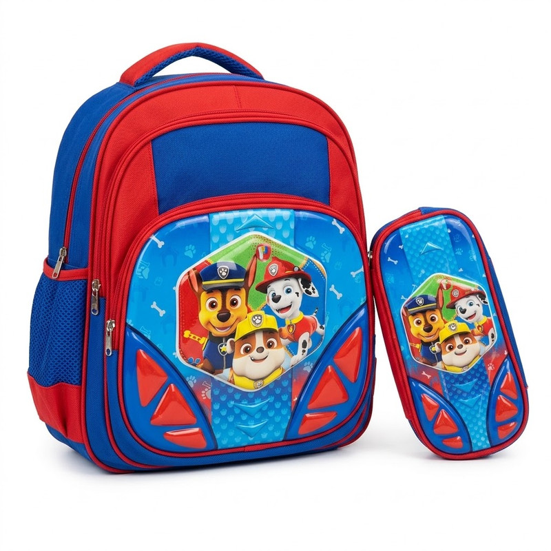 LEATHER - Pack Cartable Préparatoire avec Trousse - Motif Pat’ Patrouille - Rouge & Bleu