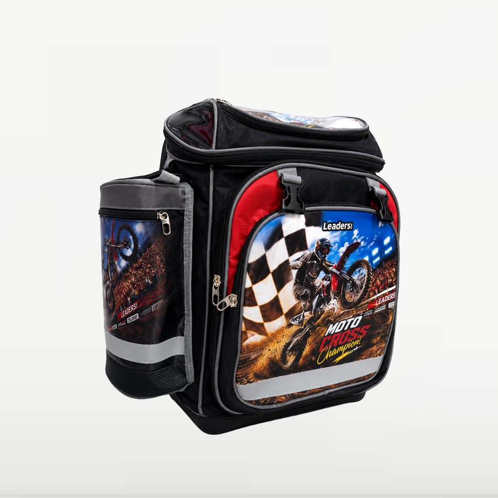 LEATHER - Cartable Scolaire Moto Cross - Noir &amp; Gris