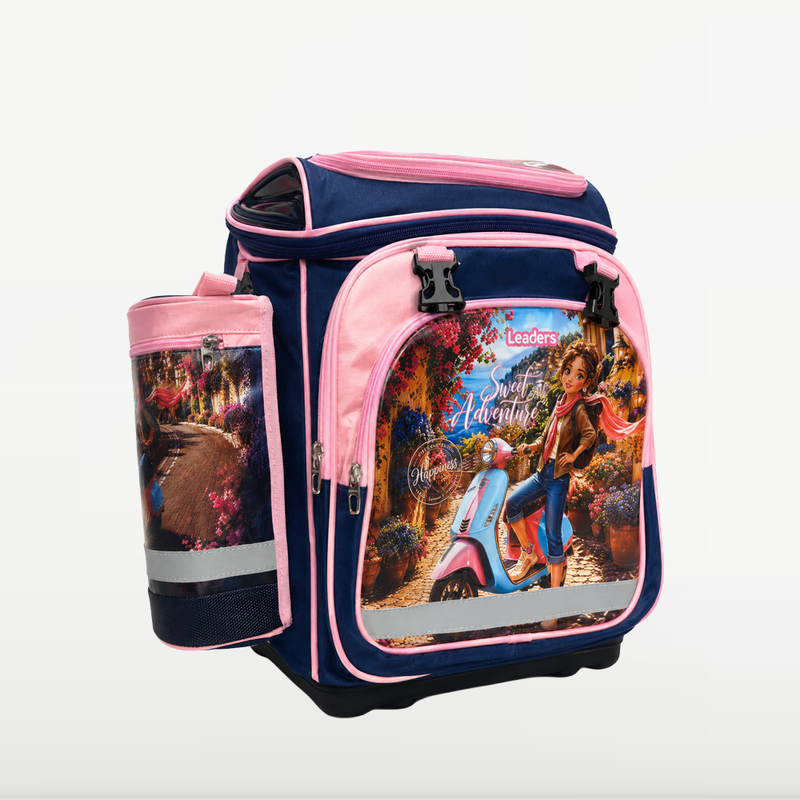 LEADERS - Cartable Scolaire LBH 7 Sweet Adventure - Motif Aventure - Bleu Marine et Rose