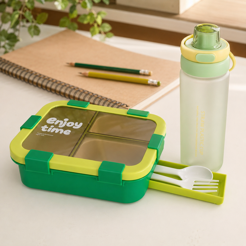 NEST - Pack Lunch Box 3 Compartiments avec Couverts + Gourde 550 ml - Vert