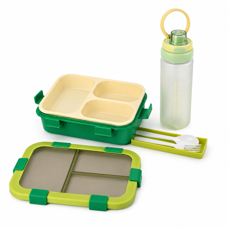 NEST - Pack Lunch Box 3 Compartiments avec Couverts + Gourde 550 ml - Vert 2