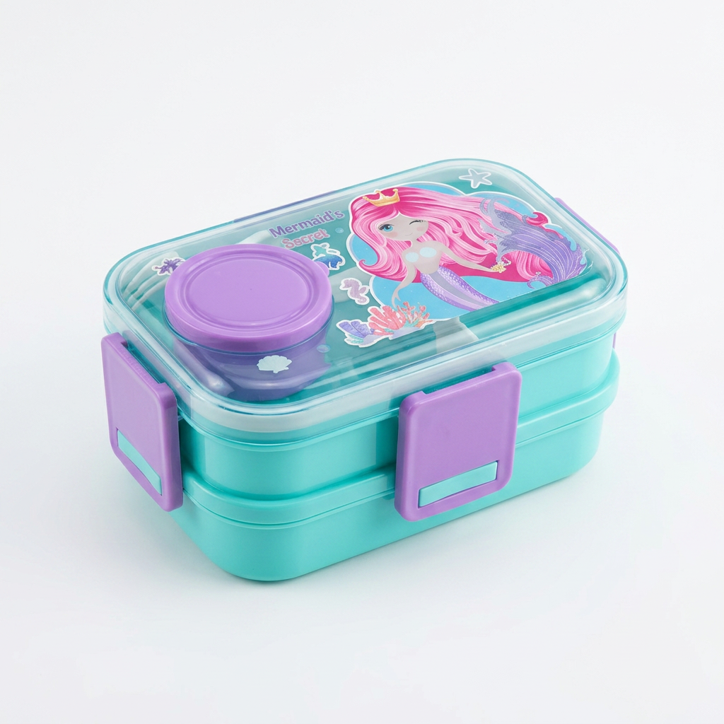 NEST - Lunch Box Enfant Compartimentée avec Couverts - Motif Sirène - Turquoise & Violet