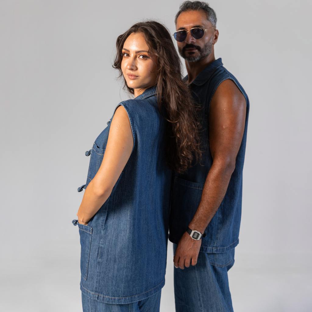 Kontakt - Dengri unisexe sans manche en lin - Bleu Moyen 2
