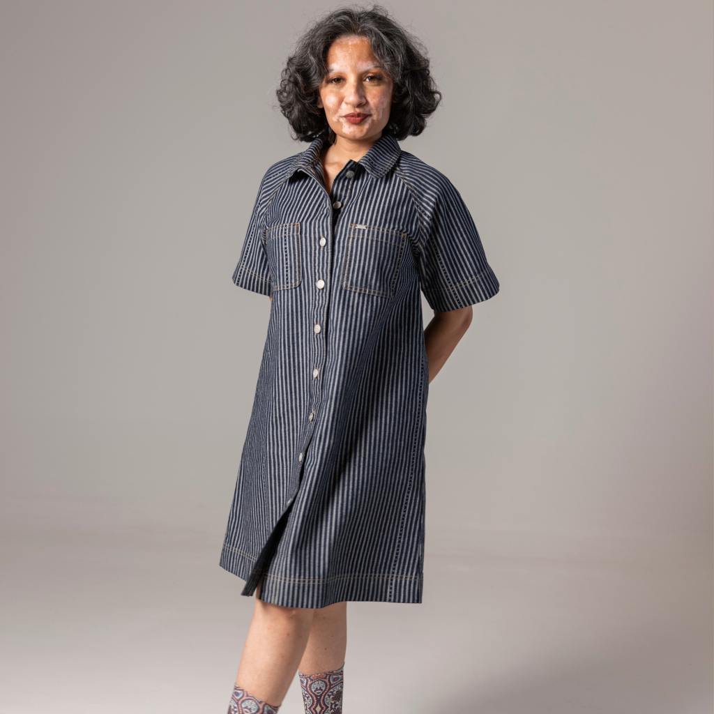 Kontakt - Robe chemise courte femme en jacquard - Bleu Moyen