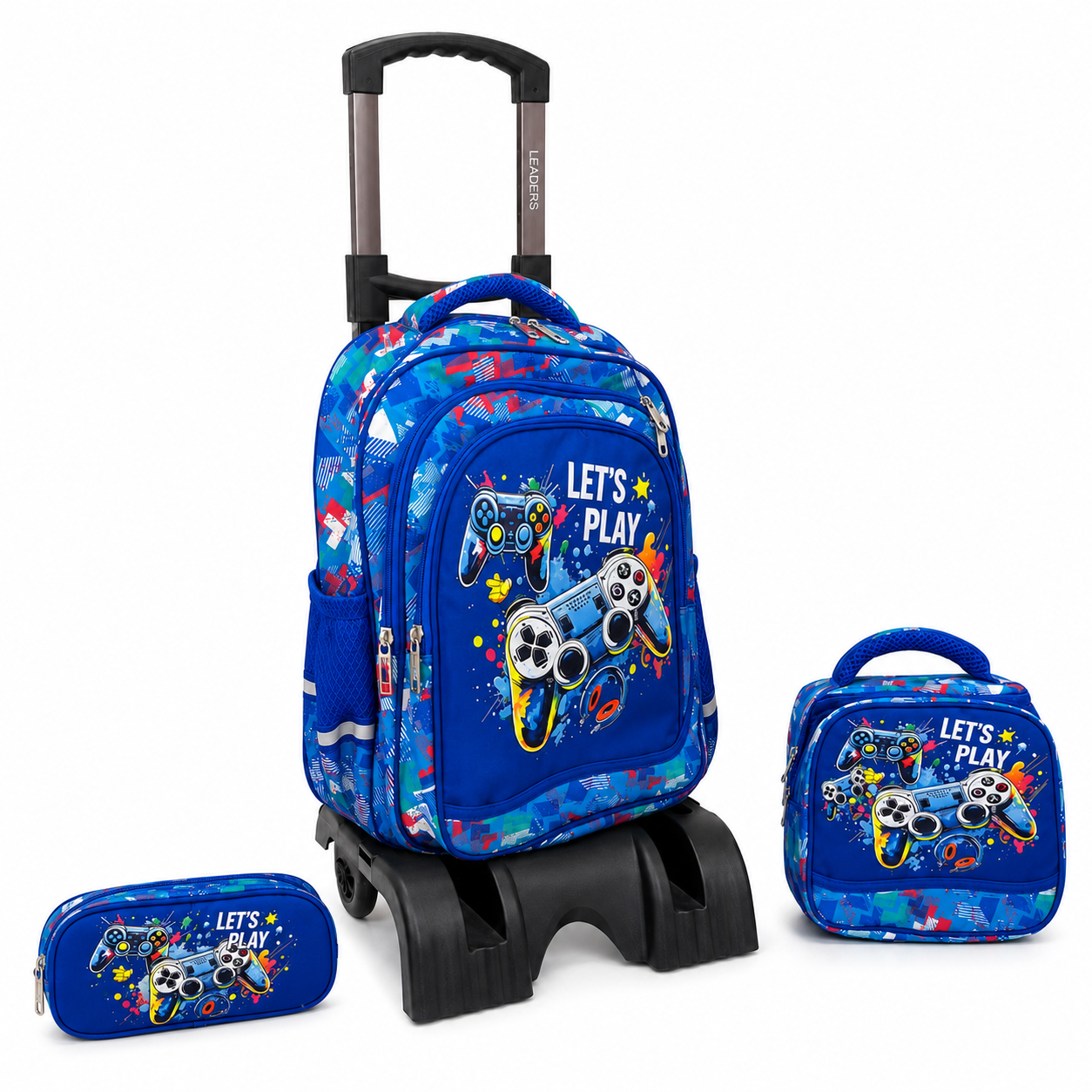 LEATHER – Cartable Scolaire 3 Pièces avec Chariot Motif Gaming – Bleu