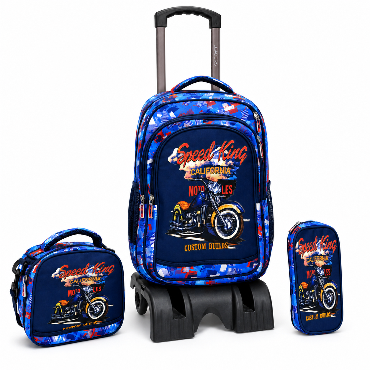 LEATHER - Cartable Scolaire 3 Pièces avec Chariot Motif Moto Speed King - Bleu
