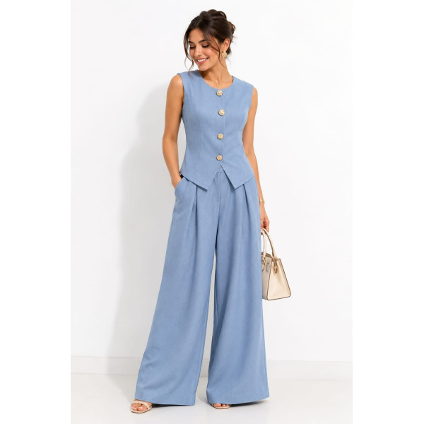Jacaranda - Ensemble Tailleur 2 Pièces Gilet sans Manches et Pantalon Large - Bleu