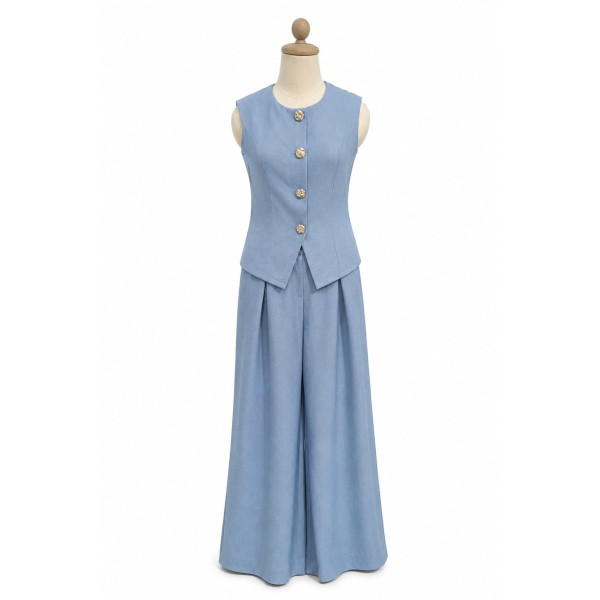 Jacaranda - Ensemble Tailleur 2 Pièces Gilet sans Manches et Pantalon Large - Bleu 2