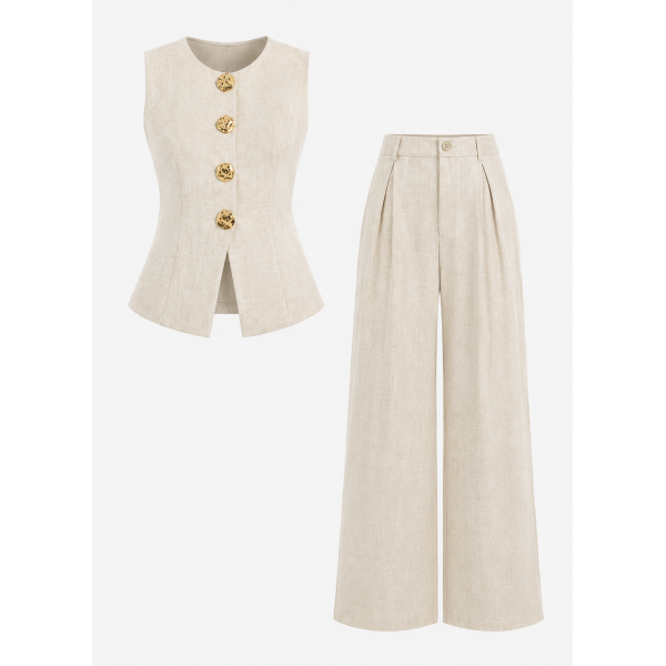 Jacaranda - Ensemble Tailleur 2 Pièces Gilet sans Manches et Pantalon Large - Beige