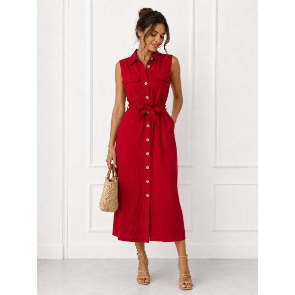 Jacaranda - Robe Chemise Longue Kamraya en Lin sans Manches - rouge