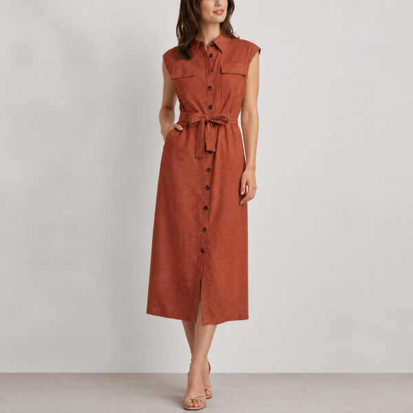 Jacaranda - Robe Chemise Longue Kamraya en Lin sans Manches - rouge 2