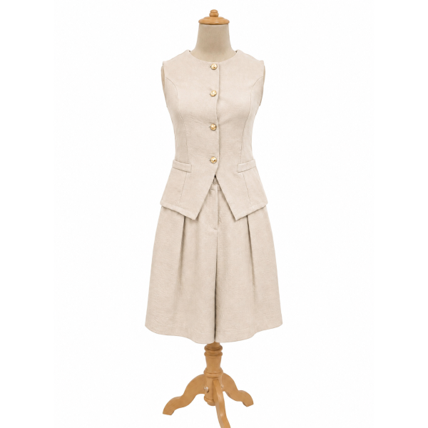 Jacaranda - Ensemble Chic 2 Pièces Haut sans Manches à Boutons Dorés et Short - Beige 2