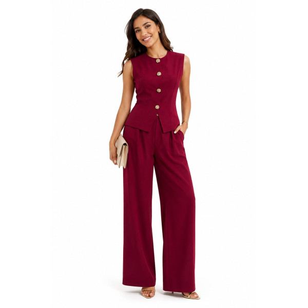 Jacaranda - Ensemble Tailleur 2 Pièces Gilet sans Manches et Pantalon Large - Rouge