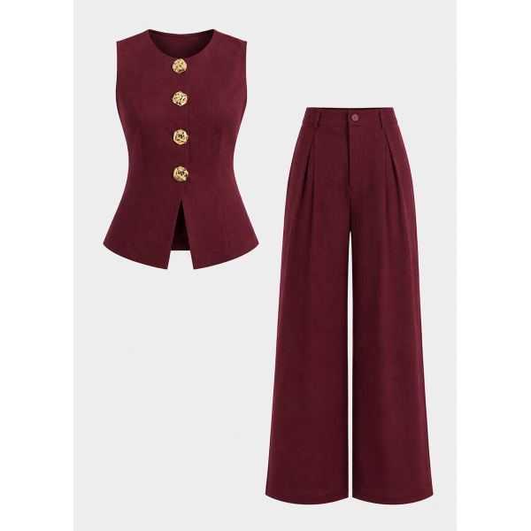 Jacaranda - Ensemble Tailleur 2 Pièces Gilet sans Manches et Pantalon Large - Rouge 2