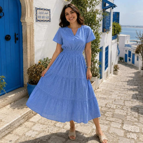 Jacaranda - Robe longue en broderie anglaise - Bleu