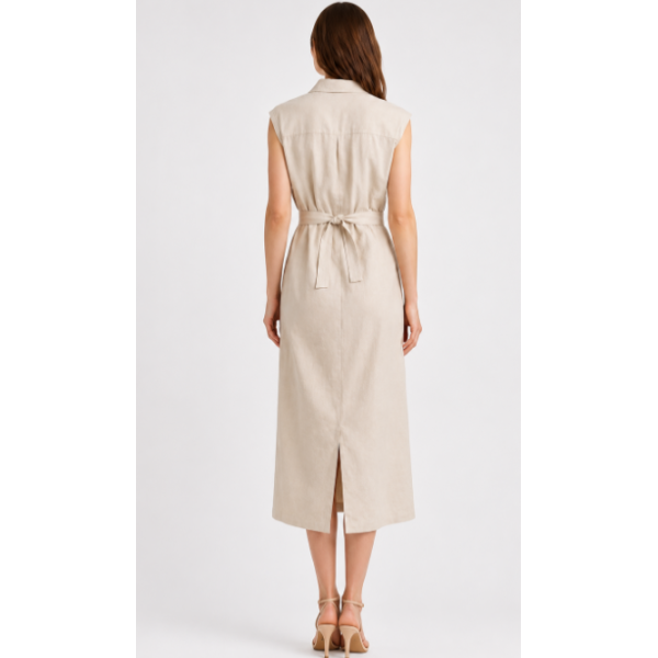 Jacaranda - Robe Chemise Longue Kamraya en Lin sans Manches - Beige 2