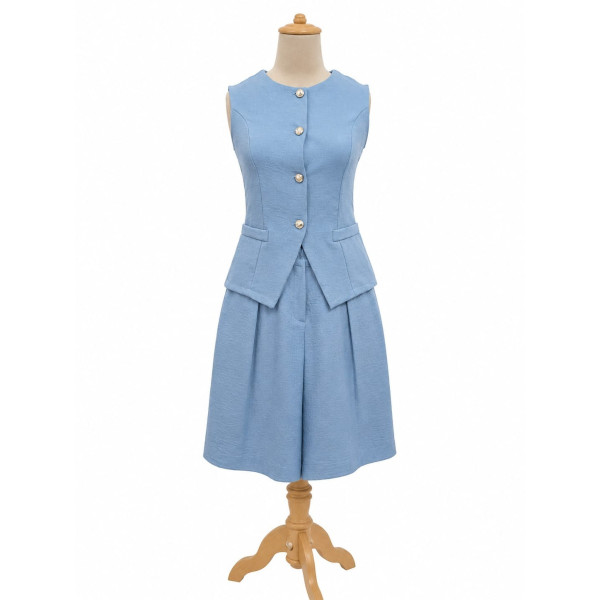 Jacaranda - Ensemble Chic 2 Pièces Haut sans Manches à Boutons Dorés et Short - Bleu 2