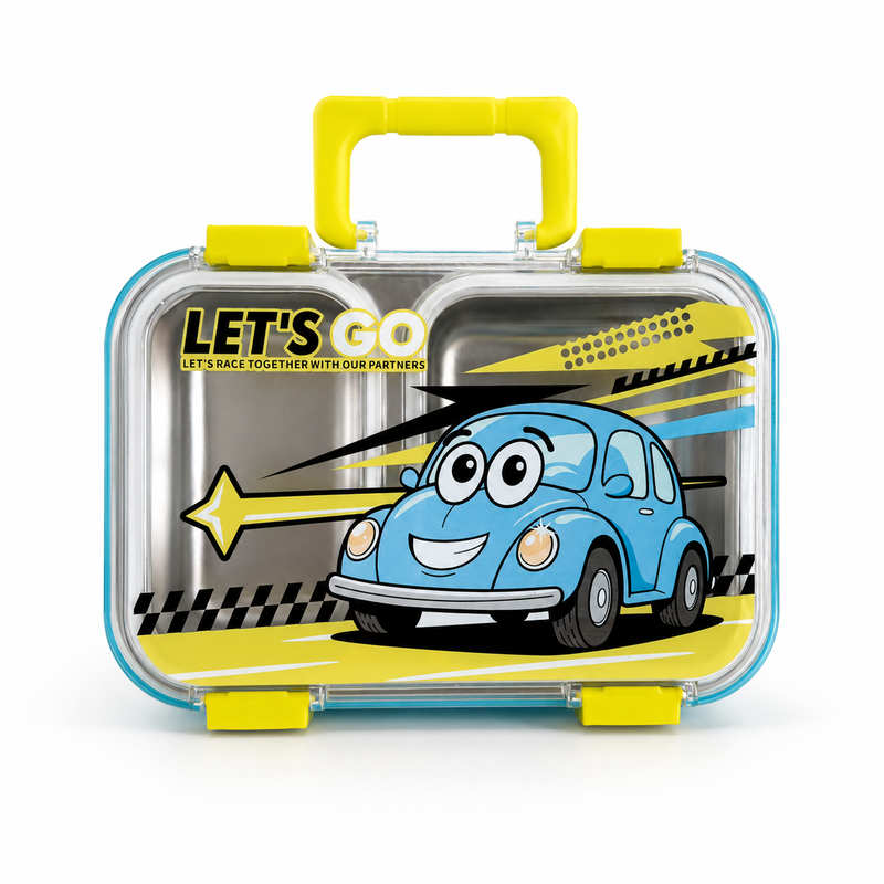 NEST - Lunch Box Enfant 3 Compartiments en Inox avec Couverts - Motif Voiture - Bleu & Jaune