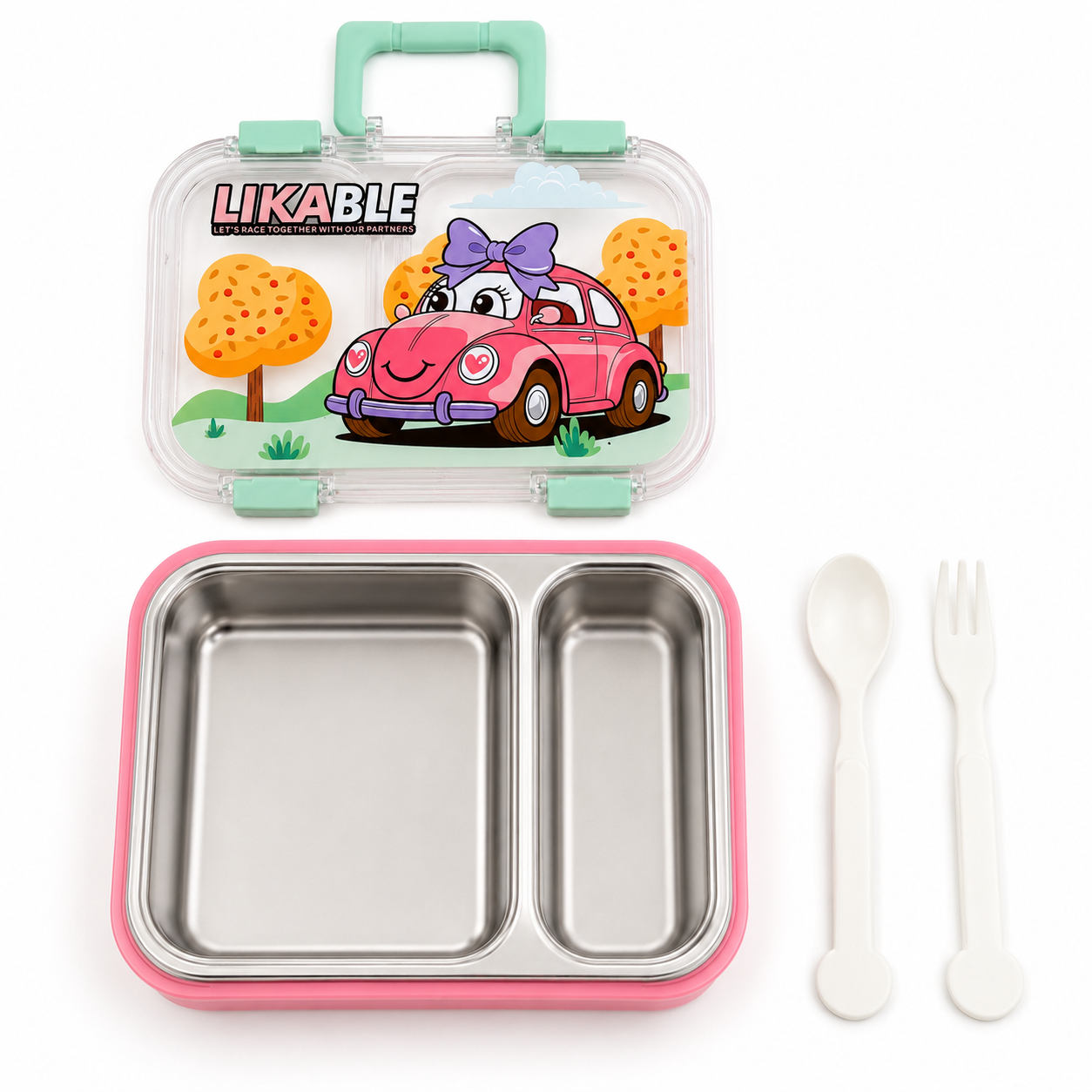 NEST - Lunch Box Enfant 2 Compartiments en Inox avec Couverts - Motif Voiture - Rose &amp; Vert 3
