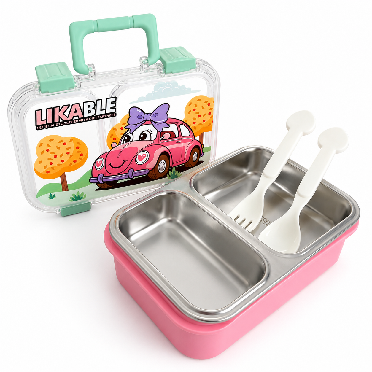 NEST - Lunch Box Enfant 2 Compartiments en Inox avec Couverts - Motif Voiture - Rose &amp; Vert 2
