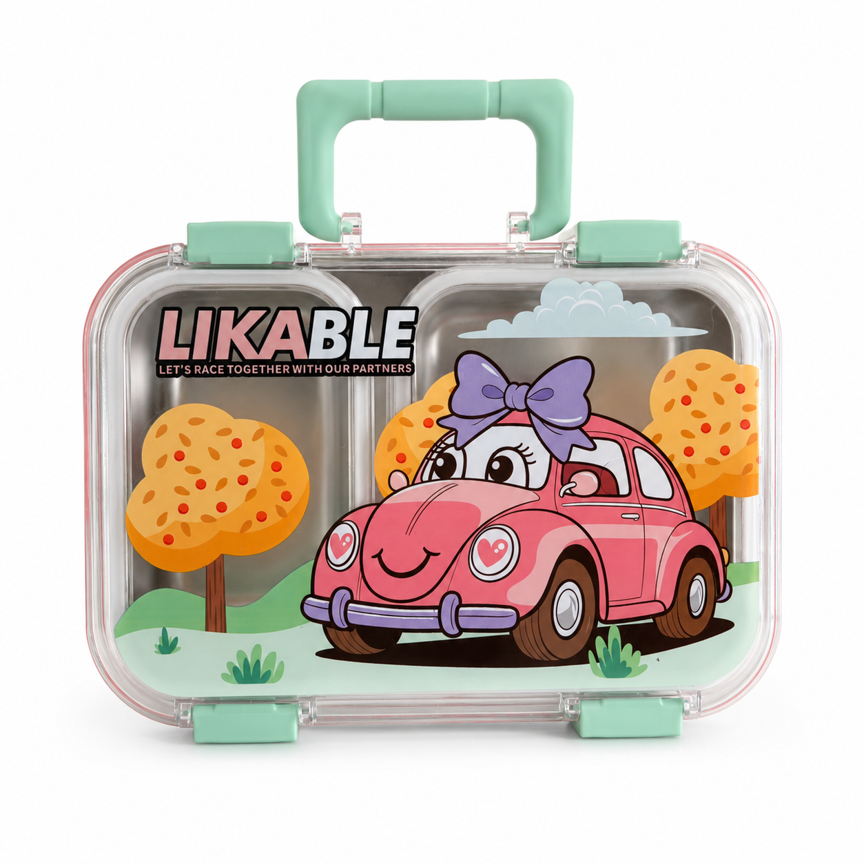 NEST - Lunch Box Enfant 2 Compartiments en Inox avec Couverts - Motif Voiture - Rose &amp; Vert